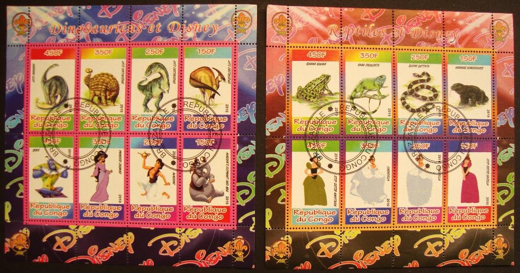 - 719 - 2 Blokken met Disney Figuren + Dieren., Verzenden, Gestempeld, Overige thema's