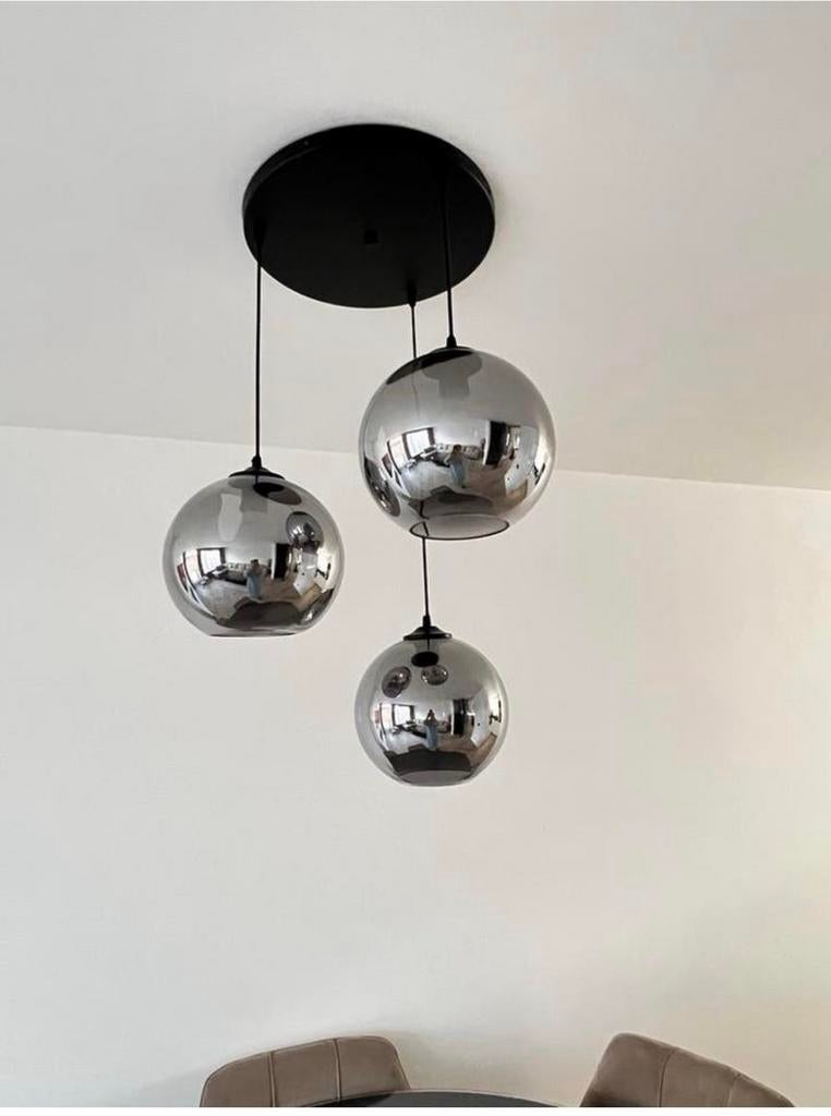 Erik Kuster lamp - zwart rookglas 3 bollen, Huis en Inrichting, Lampen | Hanglampen, Ophalen, Gebruikt, Glas, 75 cm of meer