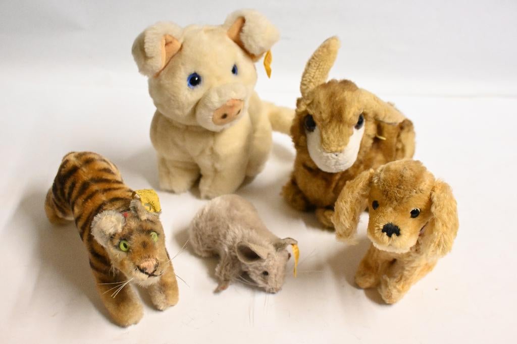5x steiff knuffels hond konijn muis tijger varken, Ophalen of Verzenden