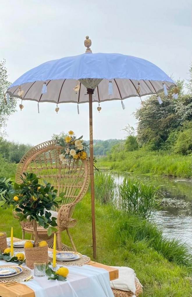 Parasol met voet - Ibiza/Bohemian Style - Wit, Tuin en Terras, Parasols, Ophalen, Gebruikt, 1 tot 2 meter, Overige typen