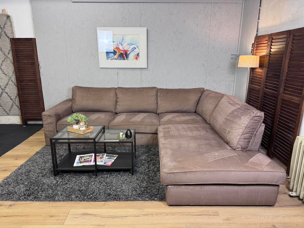 Zachte Lichtbruin Velvet Hoekbank Refurbished-Gratis Bezorgd, Hoekbank, 300 cm of meer, Ophalen of Verzenden, Zo goed als nieuw