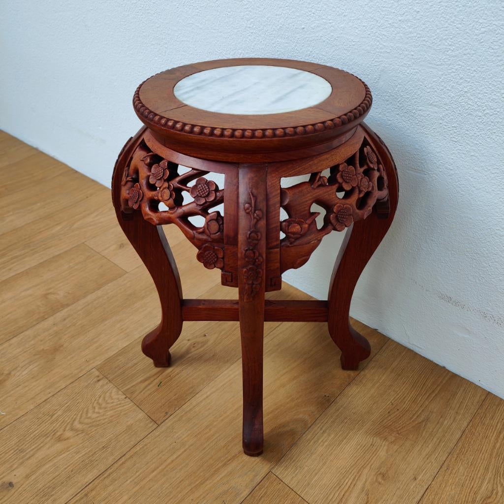 Antiek Oosters bijzettafeltje plantentafeltje marmer blad, Info@flashbackfurniture.nl, Rond, Flashback Furniture, Ophalen of Verzenden