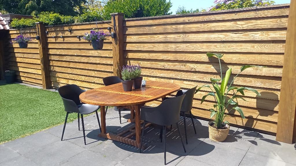 4 zwarte outdoor kuipstoelen - tuinstoelen set, Ophalen, Zo goed als nieuw, Kunststof