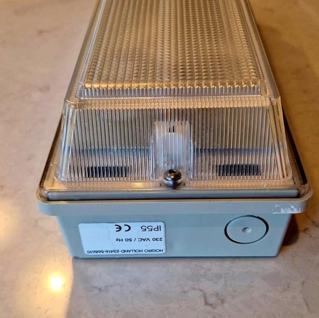 Hogro buitenlamp / wand- en plafondarmatuur – beige/grijs, Tuin en Terras, Kunststof, Gebruikt, Licht-donker-sensor, Ophalen of Verzenden