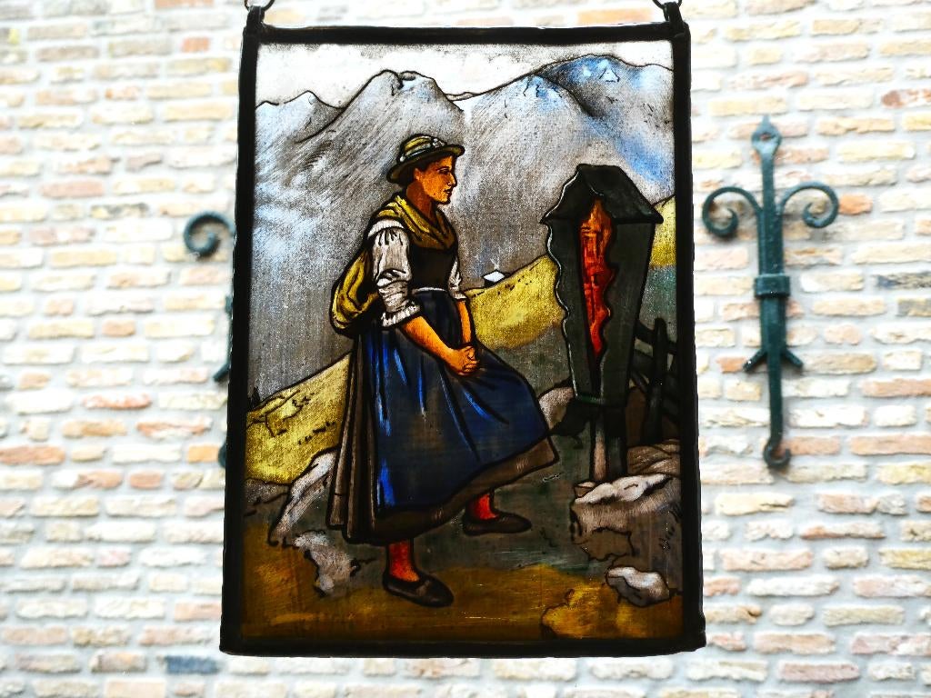 Glas in lood wandeling vrouw wegkruis kruisbeeld in Alpen, Ophalen of Verzenden