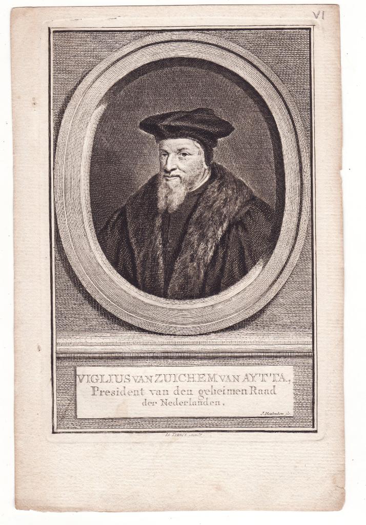 Viglius van Zuichem van Aytta Pres. Geheime Raad Nederland, Verzenden, Portret, Gravure, Blanco verso