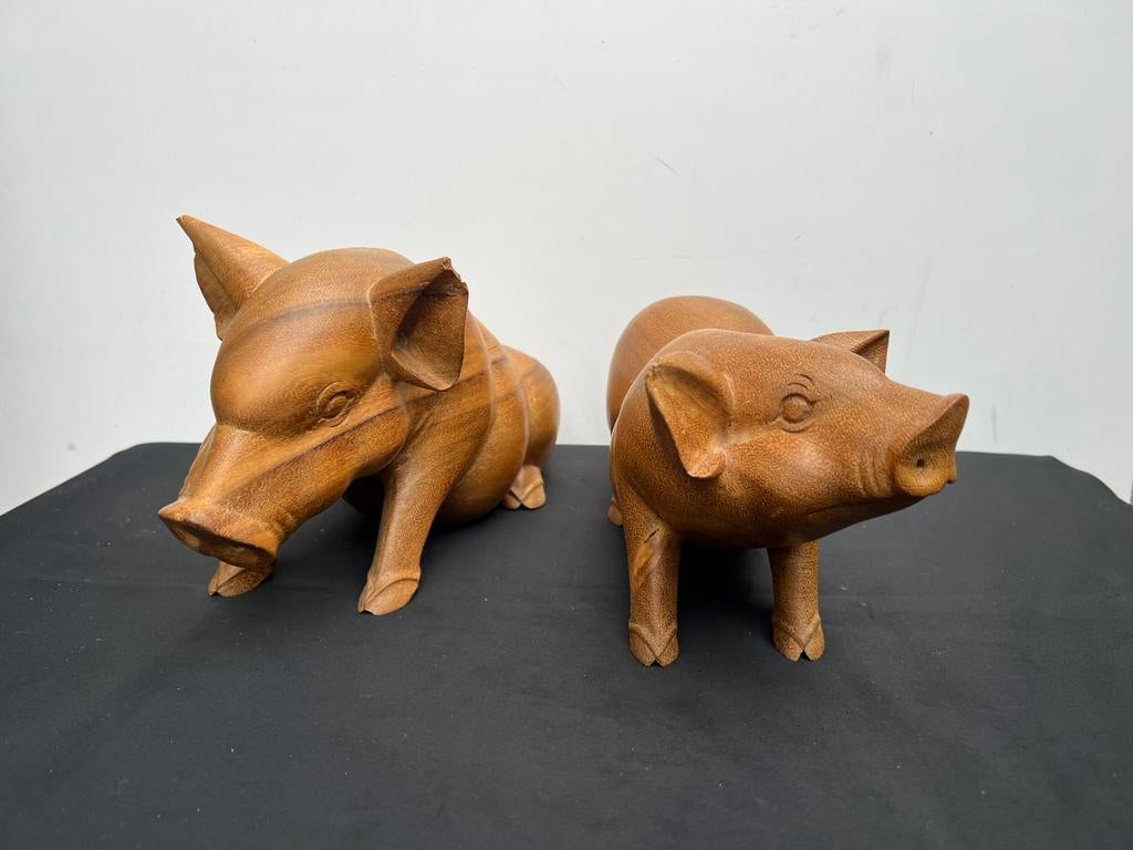 Te Koop : Vintage Varkens Biggetjes Hout Teak Beelden, Verzamelen, Beelden en Beeldjes, Ophalen of Verzenden, Gebruikt, Dier