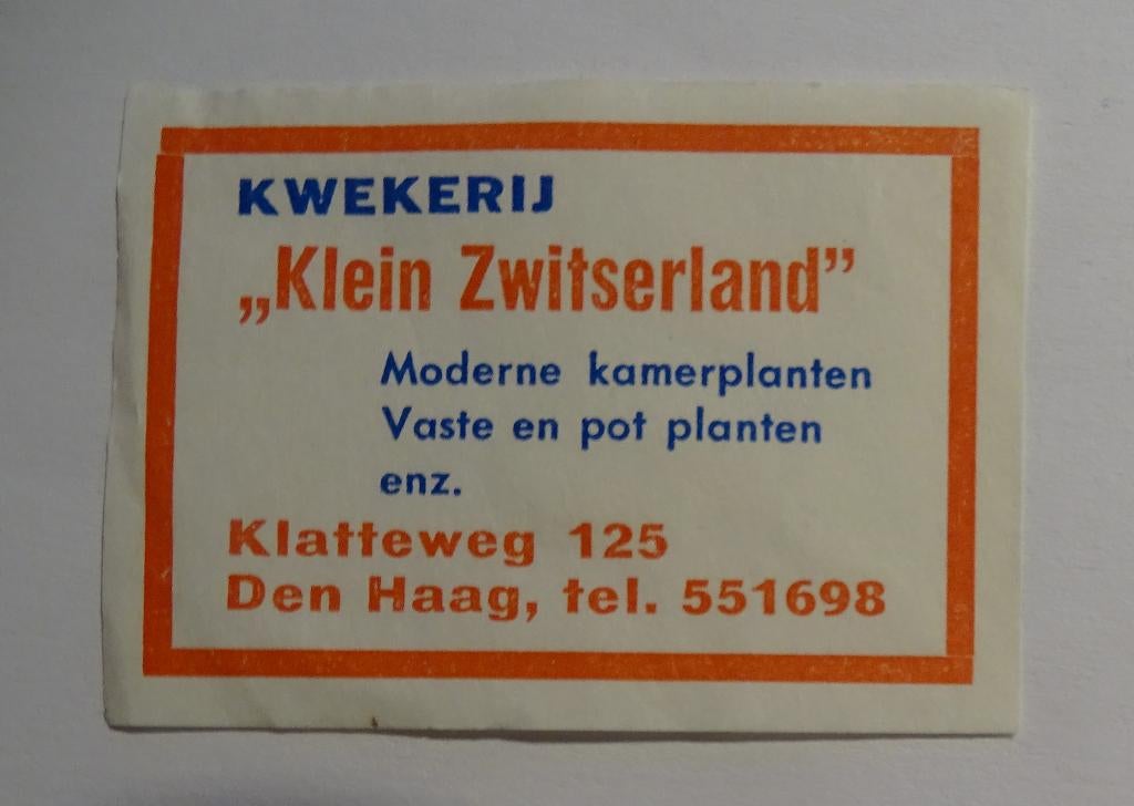 Kwekerij   KLEIN ZWITSERLAND   Klatteweg    DEN HAAG, Verzenden, Zo goed als nieuw, Luciferdoosjes of -merken