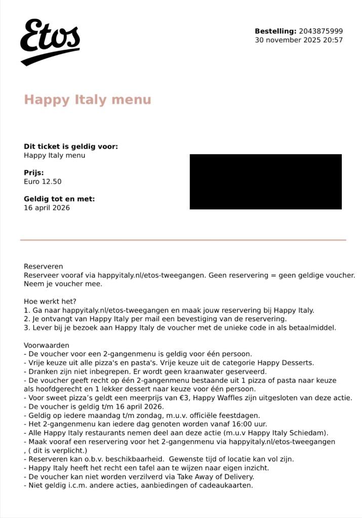5 Happy italy vouchers voor 2 gangen diner, geldig t/m 16-4!, Eén persoon, Overige soorten, Arrangement, Overige typen