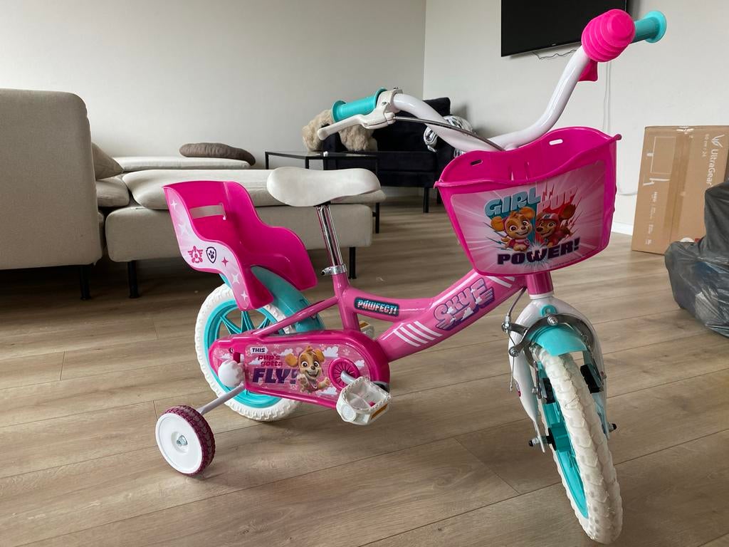 Paw Patrol sky en everest Kinderfiets 12inc met zijwieltjes, Ophalen, Gebruikt, Minder dan 16 inch, Zijwieltjes
