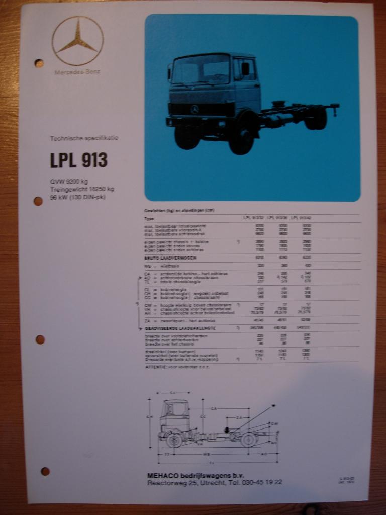 Mercedes LPL 913 Technische Specificatie folder 1979 LPL913, Zo goed als nieuw, Mercedes-Benz, Mercedes, Ophalen of Verzenden