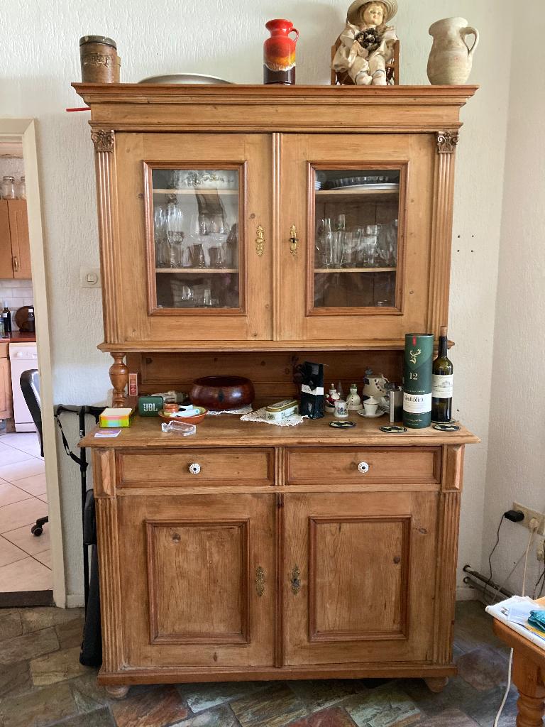 Vintage vitrinekast, Ophalen, Gebruikt, 200 cm of meer, Grenenhout