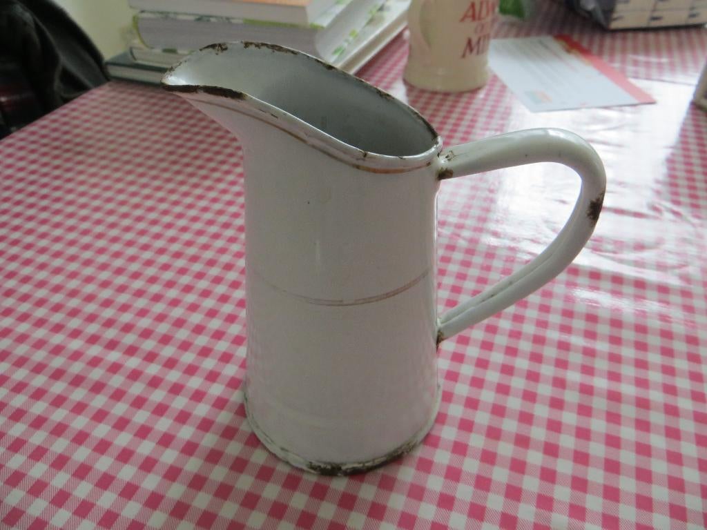 Emaille kannetje/wit/vintage/brocante/vaas/bloemen/, Ophalen of Verzenden