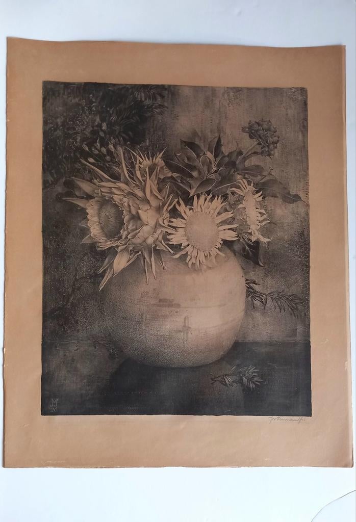 Lithografie van Jan Voerman.Jr. 1926 vaas Bloemen. 1926 ges., Ophalen of Verzenden