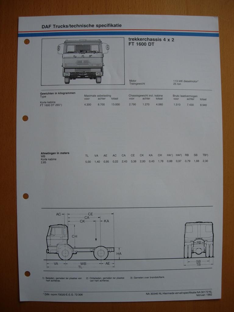 DAF FT 1600 DT Technische Specificatie Folder 1982 – 4x2, Boeken, Ophalen of Verzenden, Zo goed als nieuw, Overige merken, DAF