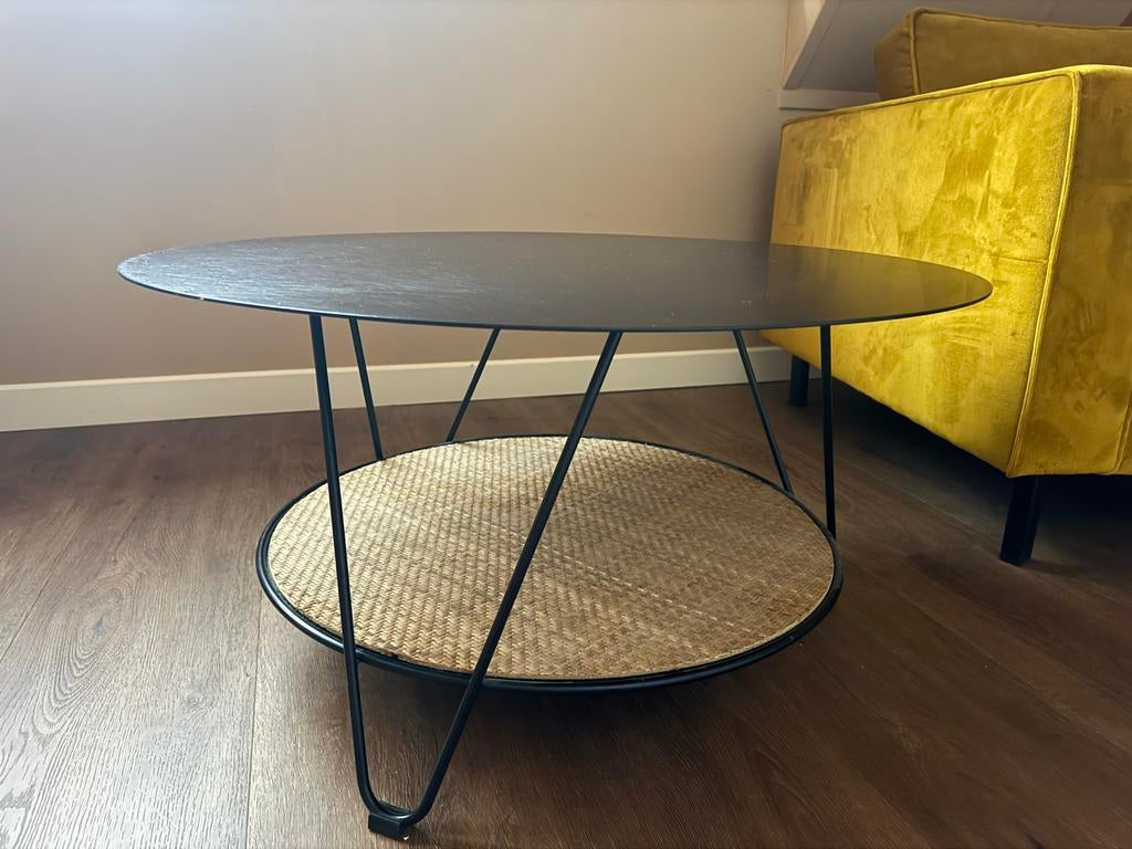 Zwarte ronde salontafel 80cm van metaal met rotan, Ophalen, Rond, Japandi, bohemian, modern, 50 tot 100 cm