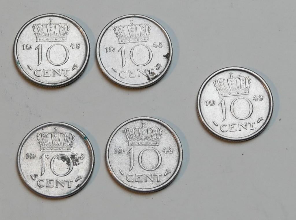 5 stuks 10 cent 1948, Ophalen of Verzenden, Koningin Wilhelmina, 10 cent, Losse munt