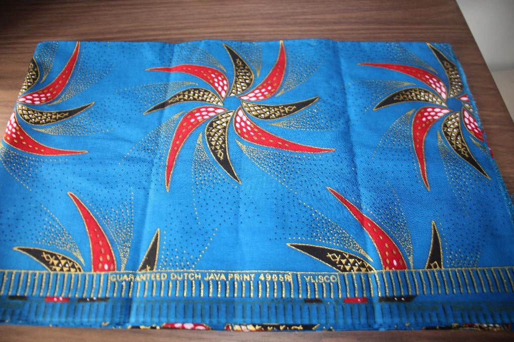 Coupon 100% katoen stof - batik java vlisco blauw goud #4193, Blauw, Nieuw, Ophalen of Verzenden, 30 tot 120 cm