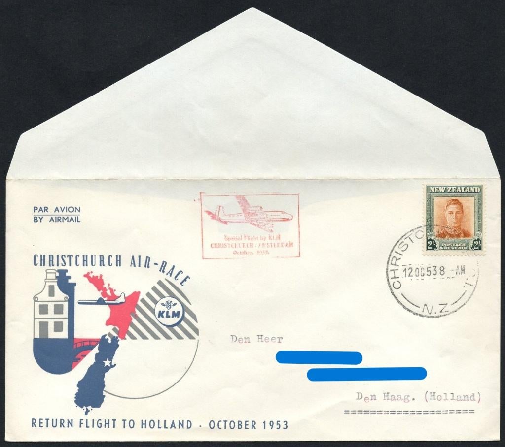 KLM Christchurch Air-Race - return flight to Holland 1953, Postzegels en Munten, Verzenden, Envelop
