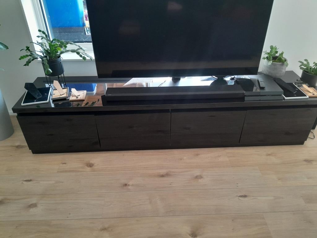 Hoogglans zwart tv-meubel en 2 vitrinekasten met verlichting, Ophalen, Gebruikt, 200 cm of meer, 150 tot 200 cm