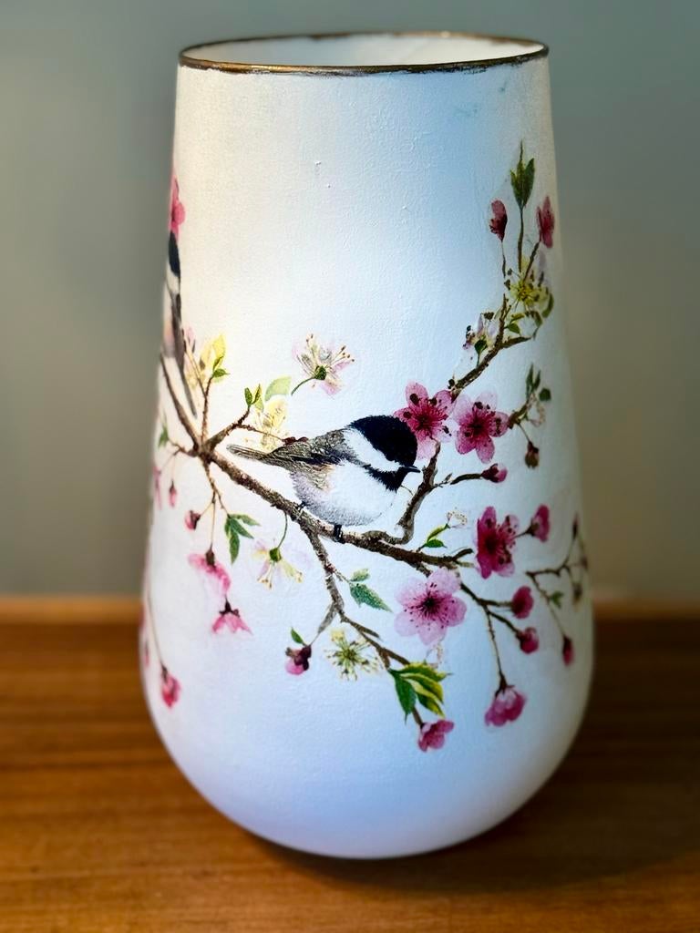 Decoupage Glazen Vaas met Vogel en Bloesem, Huis en Inrichting, Woonaccessoires | Vazen, Overige kleuren, Nieuw, Ophalen of Verzenden