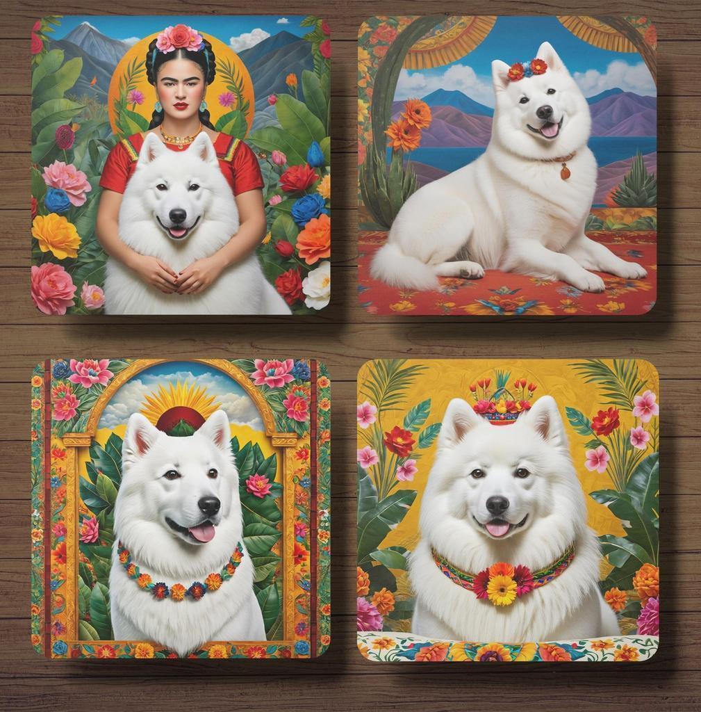 Samojeed Frida Kahlo onderzetters met houder, Huis en Inrichting, Ophalen of Verzenden, Nieuw, Glas of Kopje