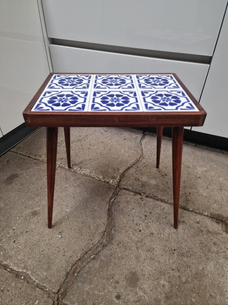 Vintage Deens design bijzettafeltje met blauw witte tegels, Antiek en Kunst, Antiek | Meubels | Tafels, Ophalen