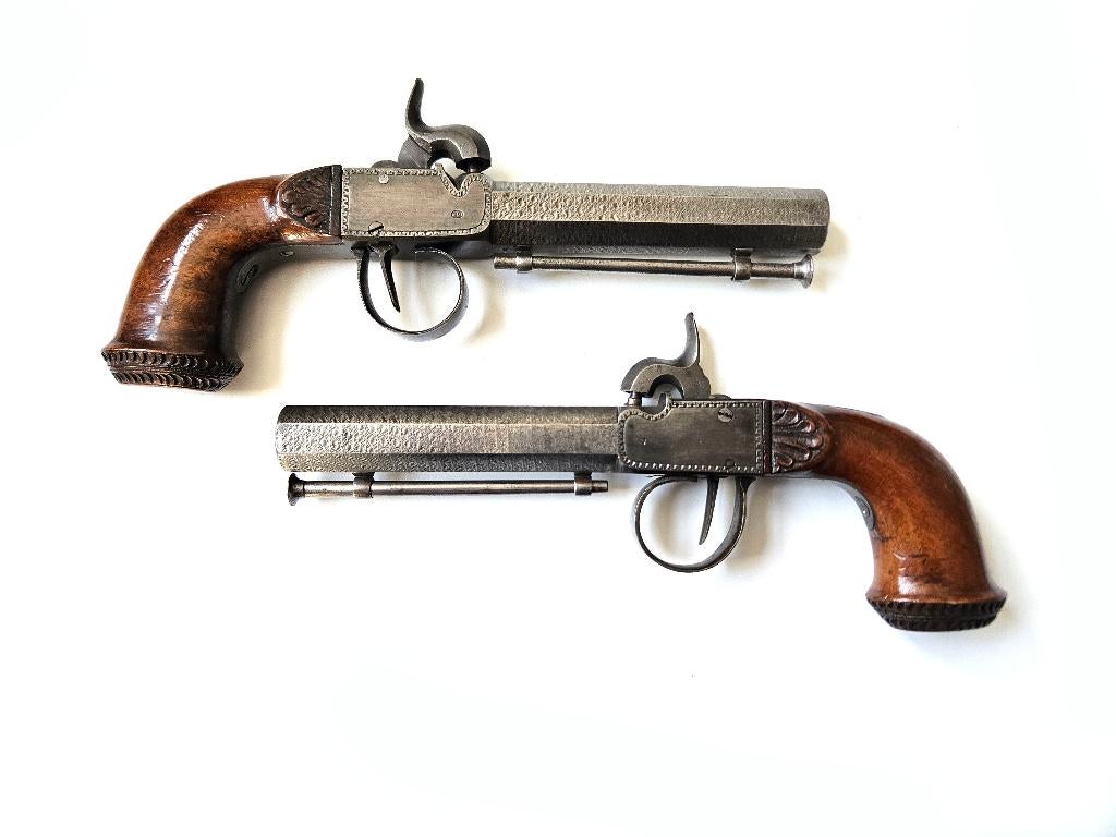 Paar percussie pistolen pistool damast loop TertioFluctus, Verzamelen, Ophalen of Verzenden, Landmacht, Nederland