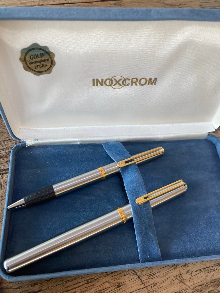 Inoxcrom vergulde pennenset, Verzamelen, Pennenverzamelingen, Ophalen, Zo goed als nieuw, Vulpen, Overige merken