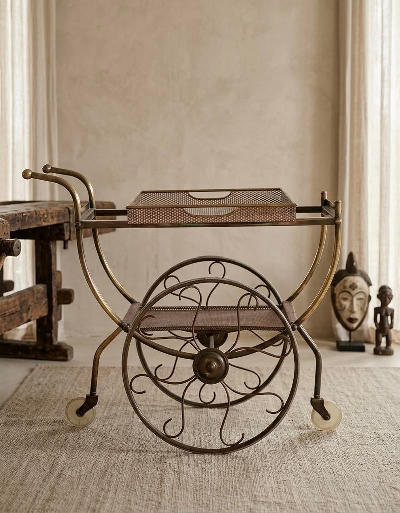 Antieke messing bar cart - Scandinavie, Ophalen of Verzenden