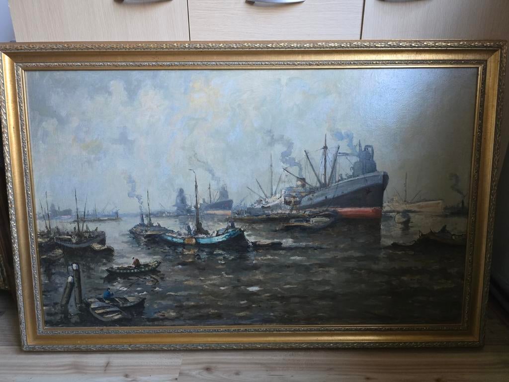 Olieverfschilderij Haven van Rotterdam - Wim Bos, Ophalen of Verzenden