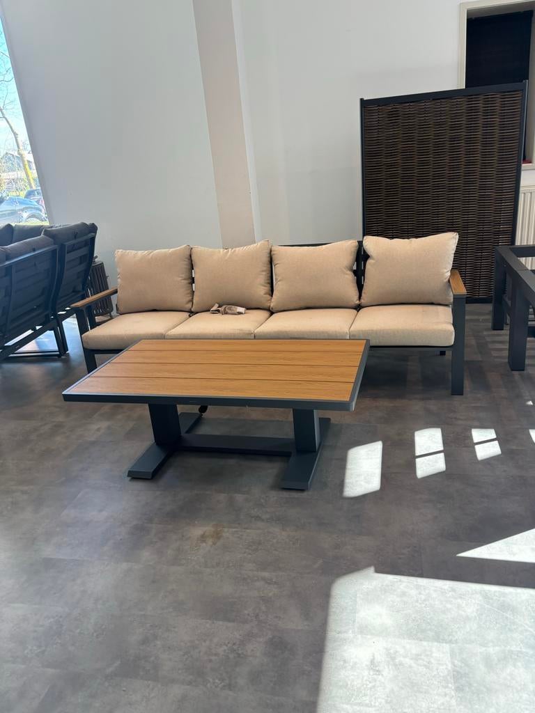 4-persoons zitsbank aluminium met verstelbare tafel, Nieuw, Ophalen of Verzenden, Rechte bank, Metaal