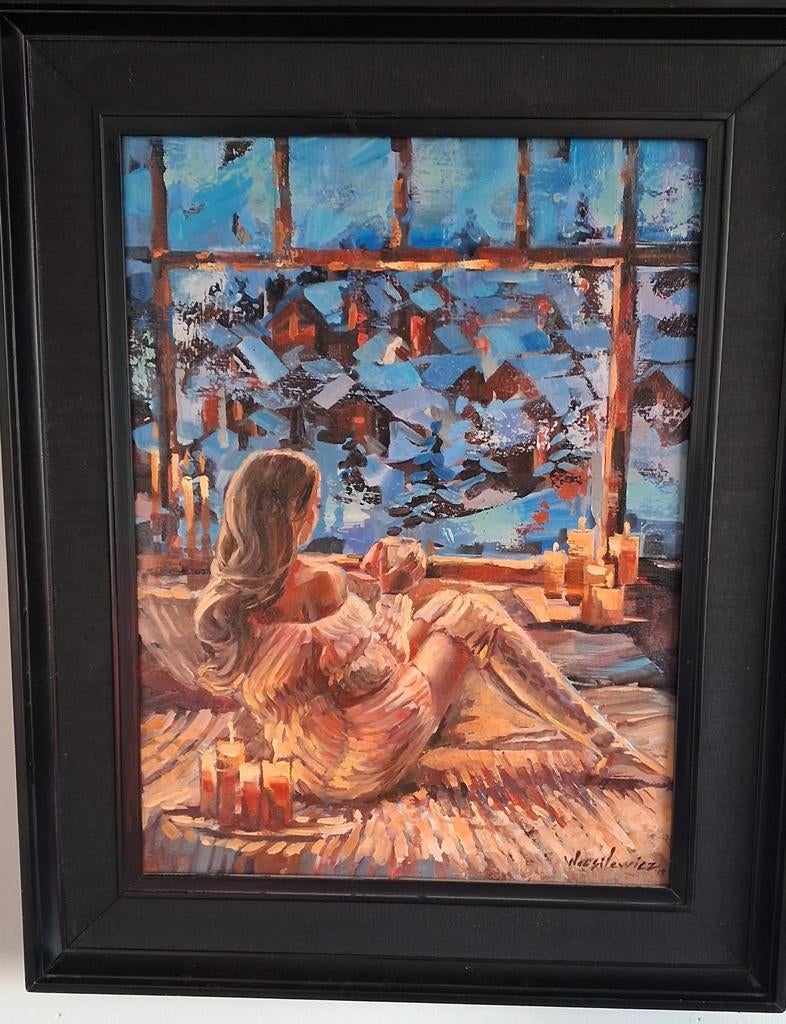 Sexy young lady staring at frozen window. Sign. 40/50 cm., Ophalen