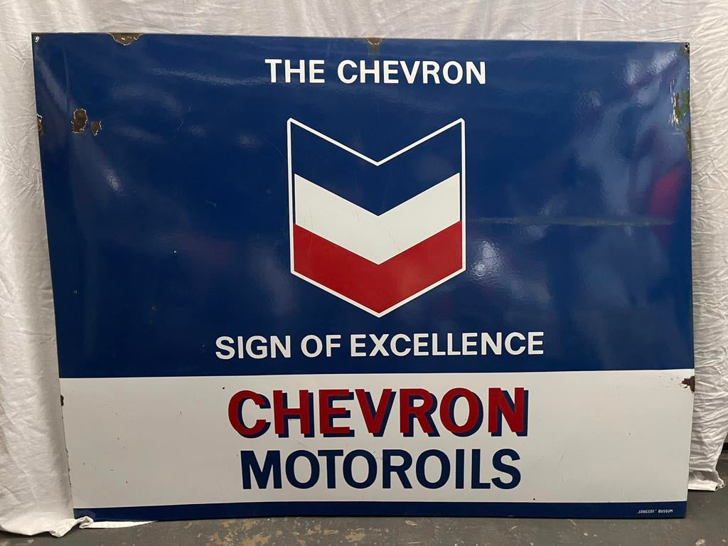 Emaille Chevron Motoroils Bord, Verzamelen, Ophalen, Gebruikt, Reclamebord