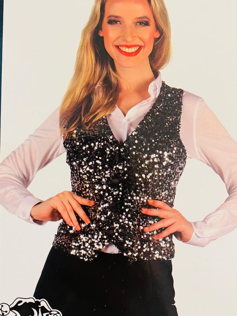 Glitter feest kleding dames gilet met ketting, Overige typen, Zwart, Maat 42/44 (L), Nieuw