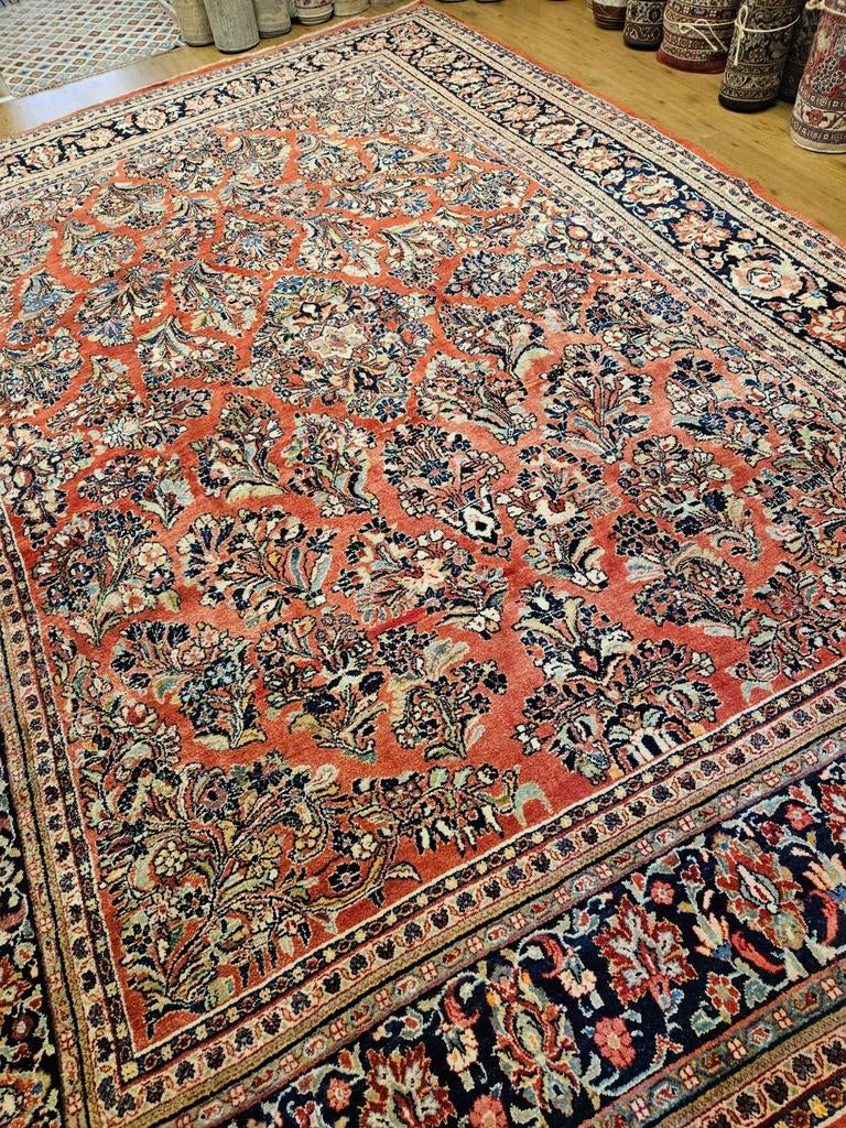 Vintage handgeknoopt perzisch tapijt sarough 380x262, Info@SlatsAntiek.nl, Perzisch, 200 cm of meer, Ophalen of Verzenden