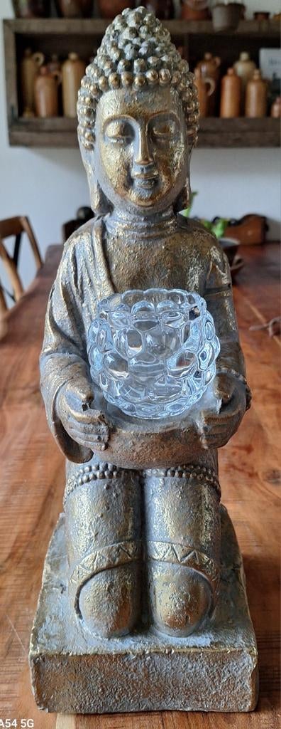 Massieve Matgouden Boeddha met Glazen Theelichthouder, Ophalen, Zo goed als nieuw