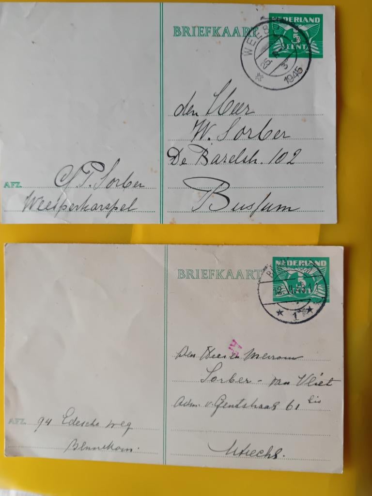 2 briefkaarten uit 1943 en 1945 - Weesperkarspel & Bennekom, Ophalen of Verzenden