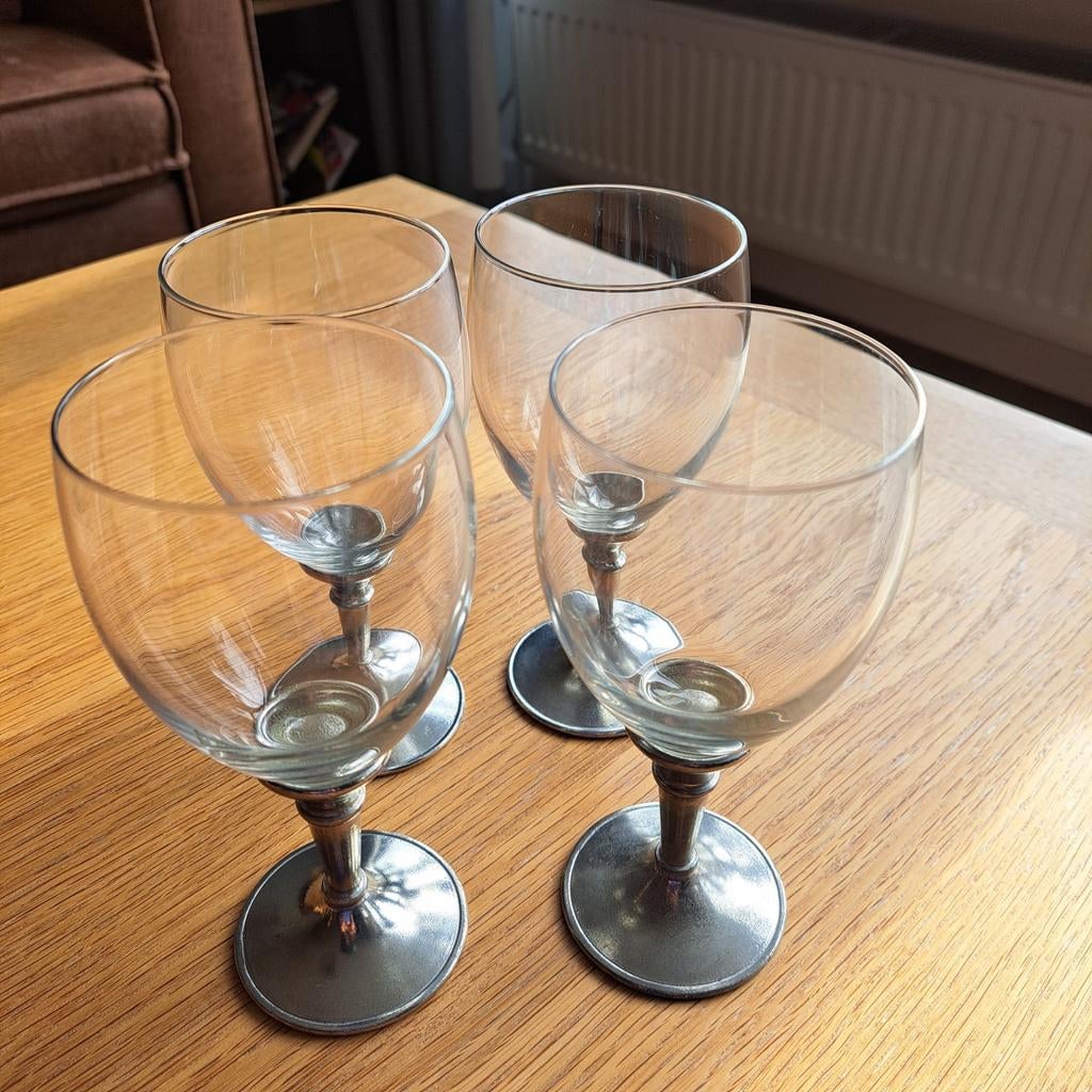 Trol tinn 4 vintage wijnglazen met tinnen voet, Ophalen of Verzenden