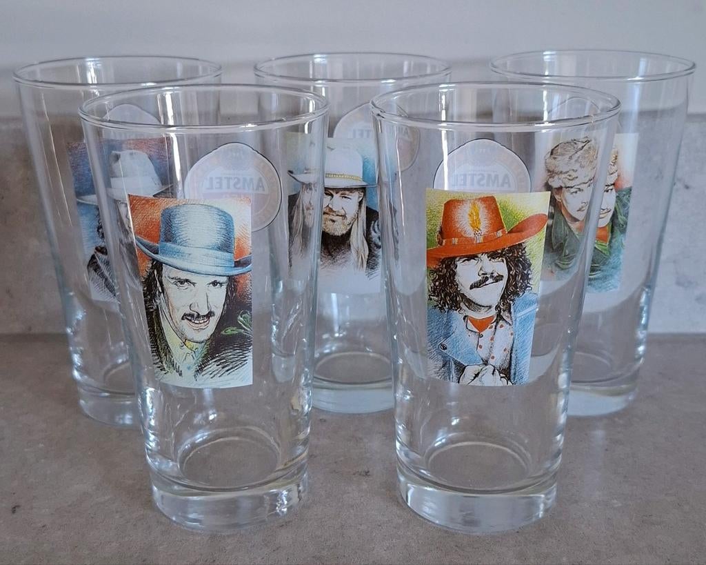 Unieke complete set (5) Amstel glazen - Band Normaal (1983), Ophalen of Verzenden, Zo goed als nieuw, Glas of Glazen, Amstel