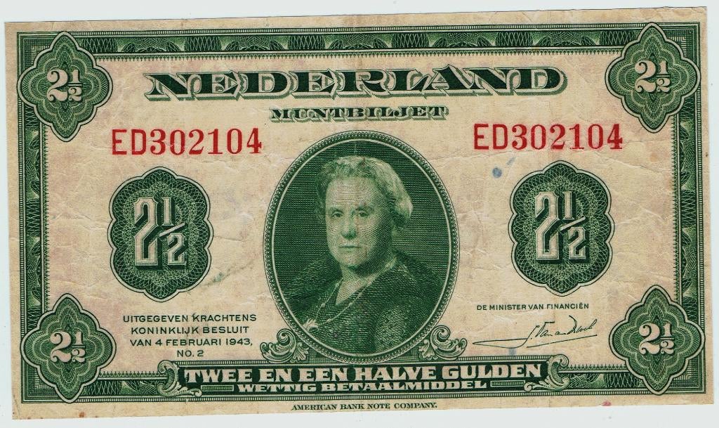 21-171 Nederland 2 1/2 gulden 1943, Verzenden, 2½ gulden, Los biljet