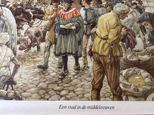 Oude schoolplaat  - 'een stad in de middeleeuwen', Antiek en Kunst, Antiek | Schoolplaten, Geschiedenis, Ophalen of Verzenden