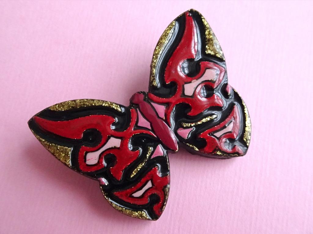 jwg Vintage 60s 70s Vlinder broche rood roze zwart goud klr, Verzenden, Overige materialen, Broche