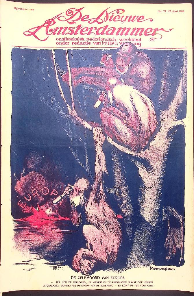 Oorlog in Europa vanuit perspectief van apen op spotprent, Antiek en Kunst, Kunst | Litho's en Zeefdrukken, Ophalen