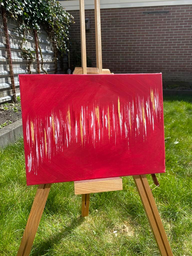 Handgemaakt abstract schilderij rood goud wit 30x40cm, Ophalen of Verzenden