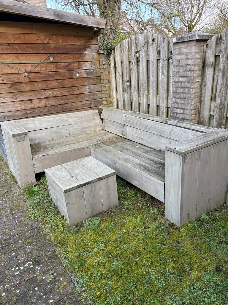 Hoek tuinbank met 2 tafeltjes - Steigerhout, Tuin en Terras, Ophalen, 4 zitplaatsen, Gebruikt, Steigerhout