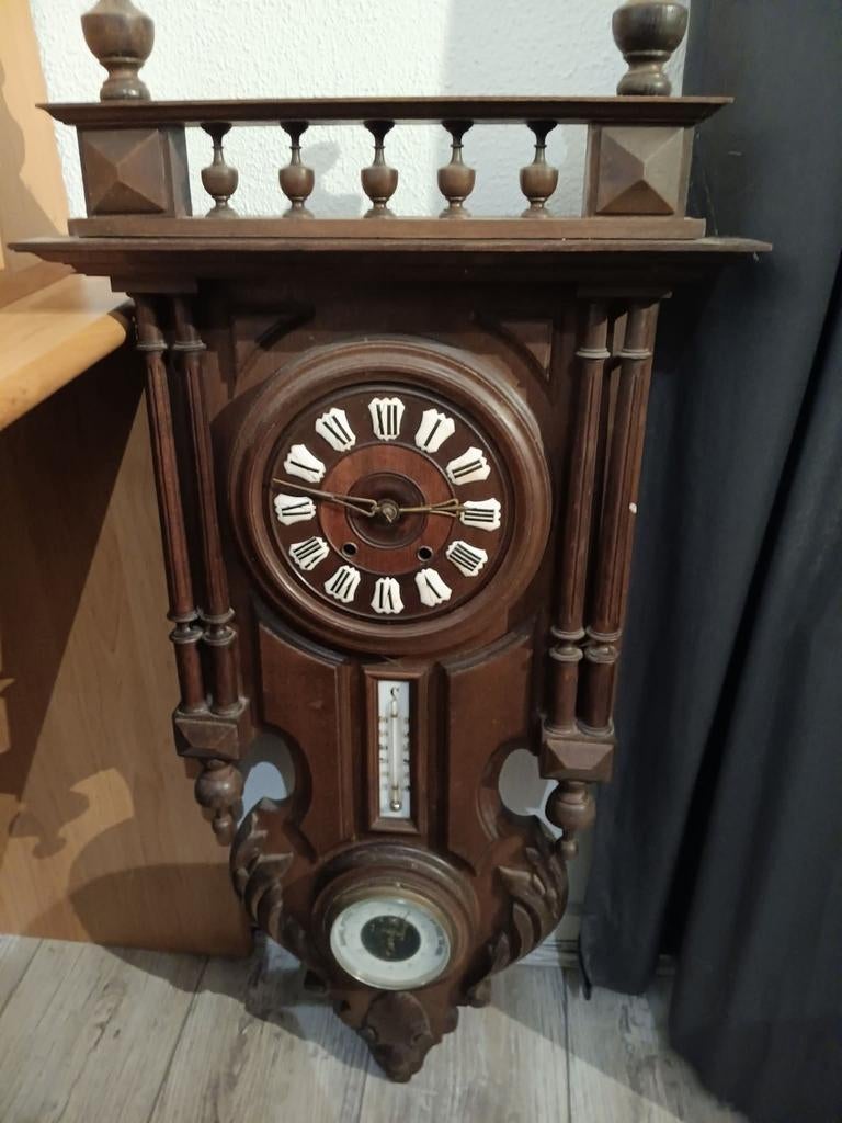 Antieke houten klok met barometer en thermometer, Ophalen