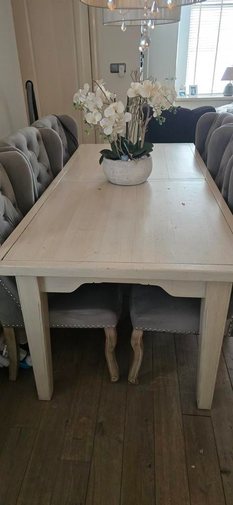 Honing eiken eettafel (wit geschilderd) opknappertje, Gebruikt, Eikenhout, Vijf personen of meer, 150 tot 200 cm