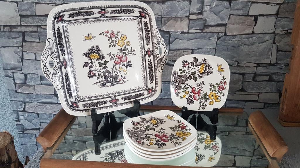 Presenteerschaal met 5 gebaksschotels van masons, Antiek en Kunst, Antiek | Servies los, Ophalen of Verzenden