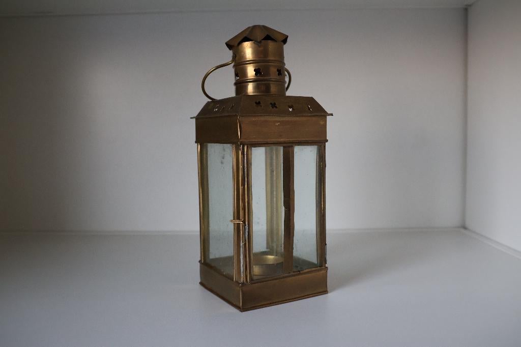Antieke messing windlicht met glas., Antiek en Kunst, Ophalen